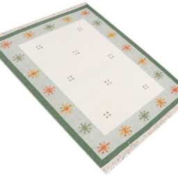 Handmade Scandinavian Kilim Rug Beige & Green Boho Decor - thumbnail 4