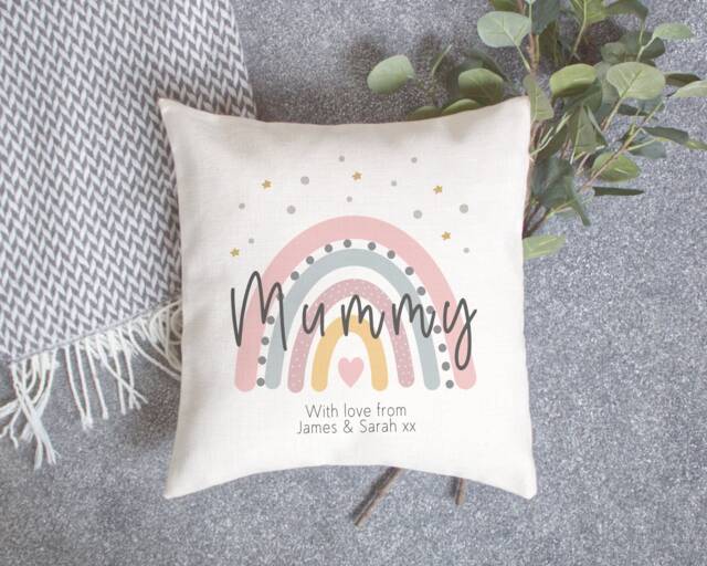 Personalised Mummy Rainbow Cushion - Mother's Day Linen Style Cover Home Decor Mum Gift Grandma Birthday Present - image 1