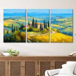 Tuscany Rolling Hills 3 Panel Split Canvas Wall Art Cypress Trees Golden Light Italian Countryside Oil Painting Framed Home Decor - thumbnail 2
