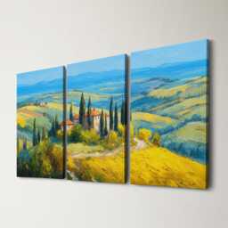 Tuscany Rolling Hills 3 Panel Split Canvas Wall Art Cypress Trees Golden Light Italian Countryside Oil Painting Framed Home Decor