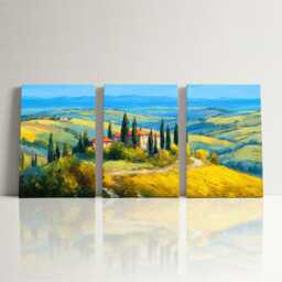 Tuscany Rolling Hills 3 Panel Split Canvas Wall Art Cypress Trees Golden Light Italian Countryside Oil Painting Framed Home Decor - thumbnail 3
