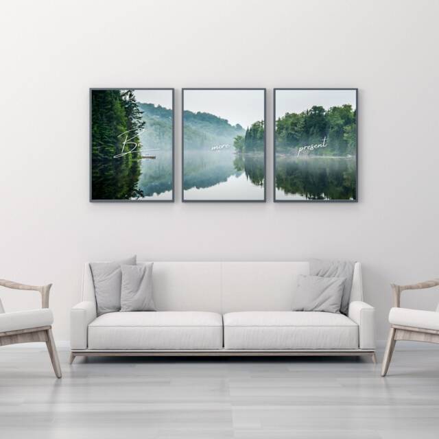 Set Of 3 Lake Landscape Prints, With Quote, Minimalist Living Room Wall Decor, Nordic Home Mountain Lake, - image 1