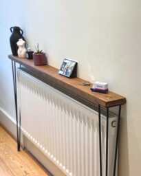 Slim Rustic Console Table. Reclaimed Wood Hallway Radiator Shelf With Hairpin Legs. Custom Narrow Entryway Furniture. Many Sizes & Colours - thumbnail 1