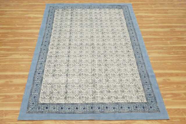 Floral Block Print Cotton Area Rug, Blue Border, Custom Size - image 1