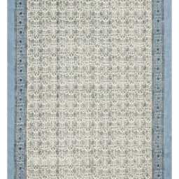 Floral Block Print Cotton Area Rug, Blue Border, Custom Size - thumbnail 2