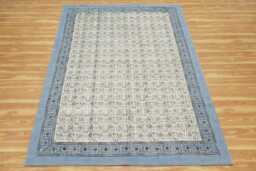 Floral Block Print Cotton Area Rug, Blue Border, Custom Size - thumbnail 1