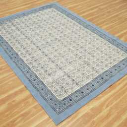 Floral Block Print Cotton Area Rug, Blue Border, Custom Size - thumbnail 3