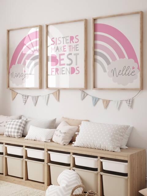Set Of 3, Sisters Make The Best Friends Print Set, Sister Bedroom Prints, Big Sis Lil Sis, Wall Art, Pink Grey, Sibling Pink - image 1