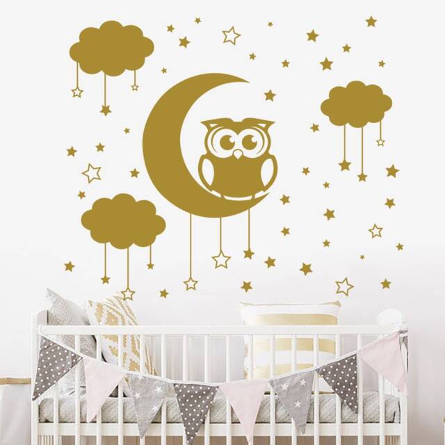 Owl Wall Decal, Clouds Decals, Moon & Stars Nursery Decor, Vinyl Decal J430 - image 1
