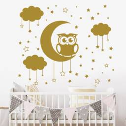 Owl Wall Decal, Clouds Decals, Moon & Stars Nursery Decor, Vinyl Decal J430