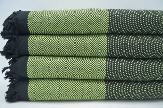 "Bed Rug, Turkish Towel, Beach Towel, Turkish 100% Cotton Blanket, Green & Black Blanket, Throw Towel, Peshtemal Cover, 79""x95" - image 1