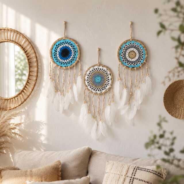 Crochet Dream Catcher Set Of 6 Pastel Blue Feather Wall Hanging Boho Bedroom Decor - image 1