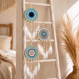 Crochet Dream Catcher Set Of 6 Pastel Blue Feather Wall Hanging Boho Bedroom Decor - thumbnail 2