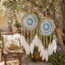 Crochet Dream Catcher Set Of 6 Pastel Blue Feather Wall Hanging Boho Bedroom Decor - thumbnail 3