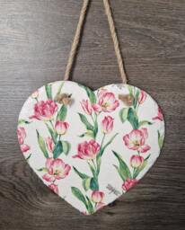 Tulip Flower Heart Slate Plaque Handmade Wall Hanging - 20cm