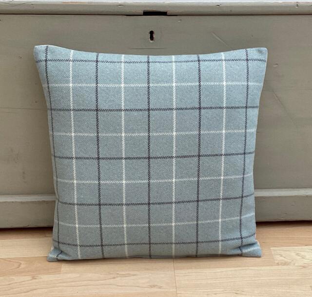 Bamburgh Handmade Tartan Plaid Tweed Cushion Cover Duck Egg Blue & Grey - image 1