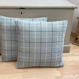 Bamburgh Handmade Tartan Plaid Tweed Cushion Cover Duck Egg Blue & Grey - thumbnail 2