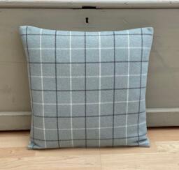 Bamburgh Handmade Tartan Plaid Tweed Cushion Cover Duck Egg Blue & Grey - thumbnail 1