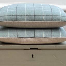 Bamburgh Handmade Tartan Plaid Tweed Cushion Cover Duck Egg Blue & Grey - thumbnail 3