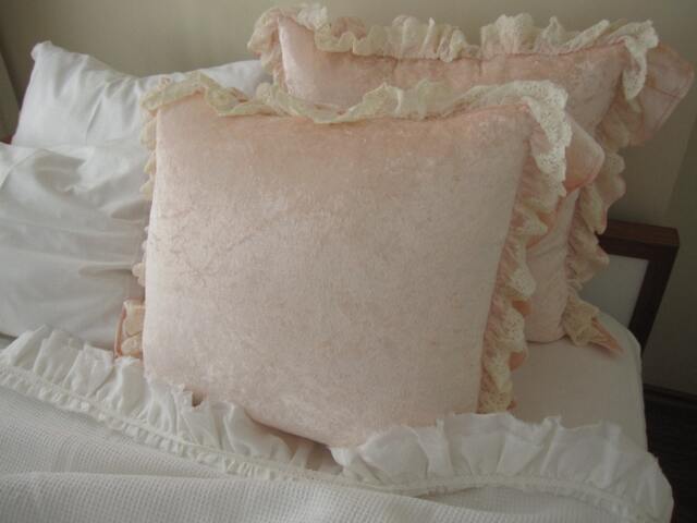 Velvet Ruffled Euro Sham - Pale Pink Tulle Lace Trim Pillow Cover - image 1