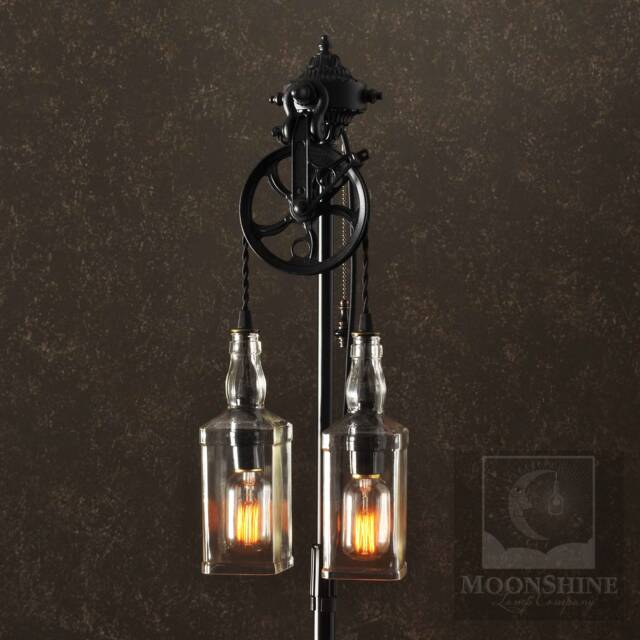 The Gatsby - Vintage Style Floor Lamp With Pulley Wheel & Recycled Glass Whiskey Bottles Edison Bulbs Rustic Lighting Farmhouse - image 1