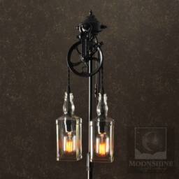 The Gatsby - Vintage Style Floor Lamp With Pulley Wheel & Recycled Glass Whiskey Bottles Edison Bulbs Rustic Lighting Farmhouse - thumbnail 1