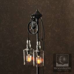 The Gatsby - Vintage Style Floor Lamp With Pulley Wheel & Recycled Glass Whiskey Bottles Edison Bulbs Rustic Lighting Farmhouse - thumbnail 2