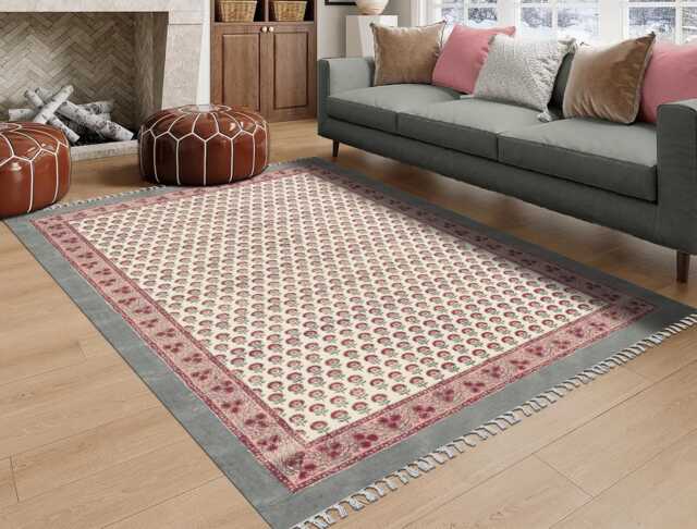 Gray Border Floral Rug, Block Printed Housewarming Gift, Bedroom Kitchen Area Custom Home Decor Rug 8x10 3x24 12x12 Feet - image 1