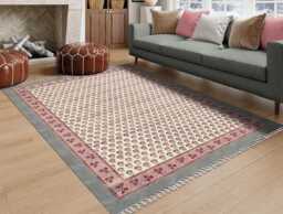 Gray Border Floral Rug, Block Printed Housewarming Gift, Bedroom Kitchen Area Custom Home Decor Rug 8x10 3x24 12x12 Feet - thumbnail 1