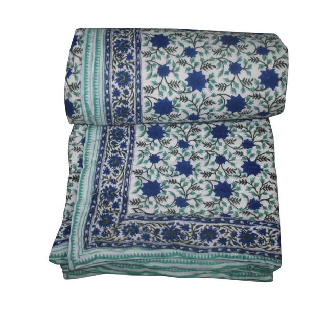 Hand Block Printed Cotton Kantha Quilt Floral Bedspread Throw Print Quilt - image 1