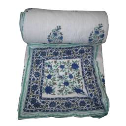 Hand Block Printed Cotton Kantha Quilt Floral Bedspread Throw Print Quilt - thumbnail 3