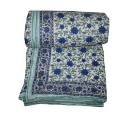 Hand Block Printed Cotton Kantha Quilt Floral Bedspread Throw Print Quilt - thumbnail 1