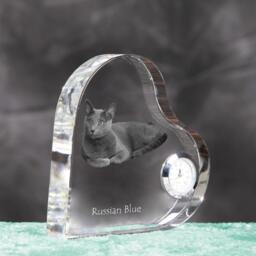 Russian Blue - Crystal Clock in The Shape Of A Heart With Image Pure-Bred Cat - thumbnail 3
