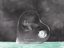 Russian Blue - Crystal Clock in The Shape Of A Heart With Image Pure-Bred Cat - thumbnail 1