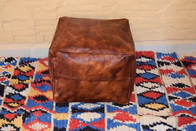 Ottoman Pouf, Leather Pouf Ottoman, Square Brown Pouf, Handmade Morocco, Footstool, Moroccan Cover, Decorative Pillow, Berber - image 1
