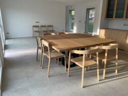 "Square Dining Table, Solid Oak Wood, Black Steel Base - ""Laguna"
