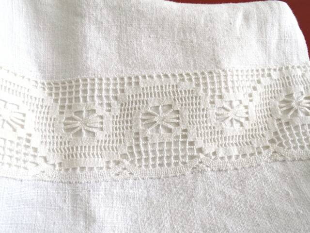 Antique Linen Pillowcase Hand Crochet Bobbin Lace, Farmhouse Bedding - image 1