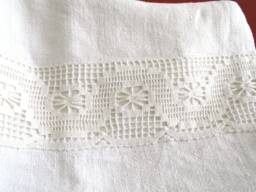 Antique Linen Pillowcase Hand Crochet Bobbin Lace, Farmhouse Bedding - thumbnail 1