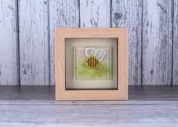 Fused Glass Bee Mini Picture Sparkly Dichroic Wings, Wood Frame - thumbnail 1