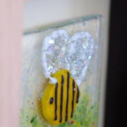 Fused Glass Bee Mini Picture Sparkly Dichroic Wings, Wood Frame - thumbnail 2