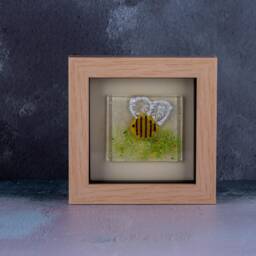Fused Glass Bee Mini Picture Sparkly Dichroic Wings, Wood Frame - thumbnail 3