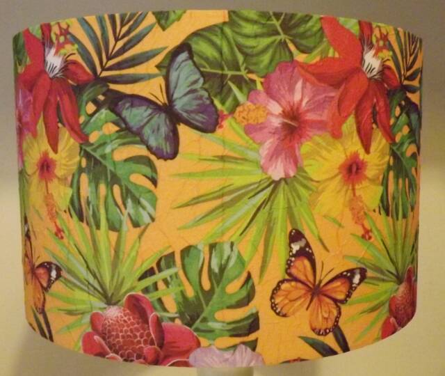 Tropical Lampshade, Yellow, Shabby Chic, Butterflies Floral , Palm Leaves Fatta Da Mamma Free Gift - image 1