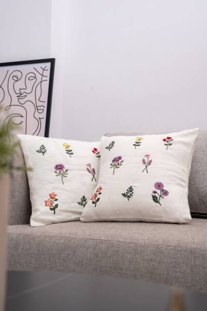 Minimalist Botanical Floral Embroidered Linen Cushion Covers Buttercream Pure Linen Blooming Splendor - image 1