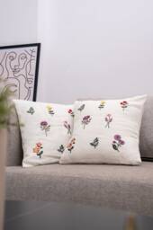 Minimalist Botanical Floral Embroidered Linen Cushion Covers Buttercream Pure Linen Blooming Splendor - thumbnail 1