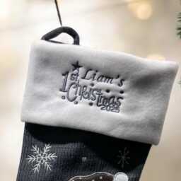 Personalized Baby's First Christmas Stocking Grey Teddy Bear, Embroidered 2025 - thumbnail 2