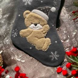 Personalized Baby's First Christmas Stocking Grey Teddy Bear, Embroidered 2025 - thumbnail 3