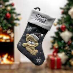 Personalized Baby's First Christmas Stocking Grey Teddy Bear, Embroidered 2025 - thumbnail 1