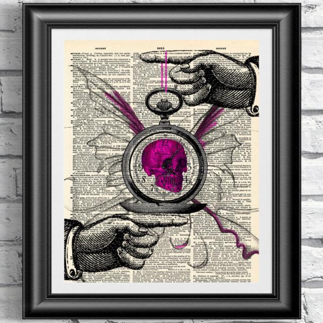 Pink Skull Butterfly Art Print Steampunk Gothic Dictionary Page - image 1