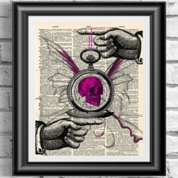 Pink Skull Butterfly Art Print Steampunk Gothic Dictionary Page - thumbnail 1
