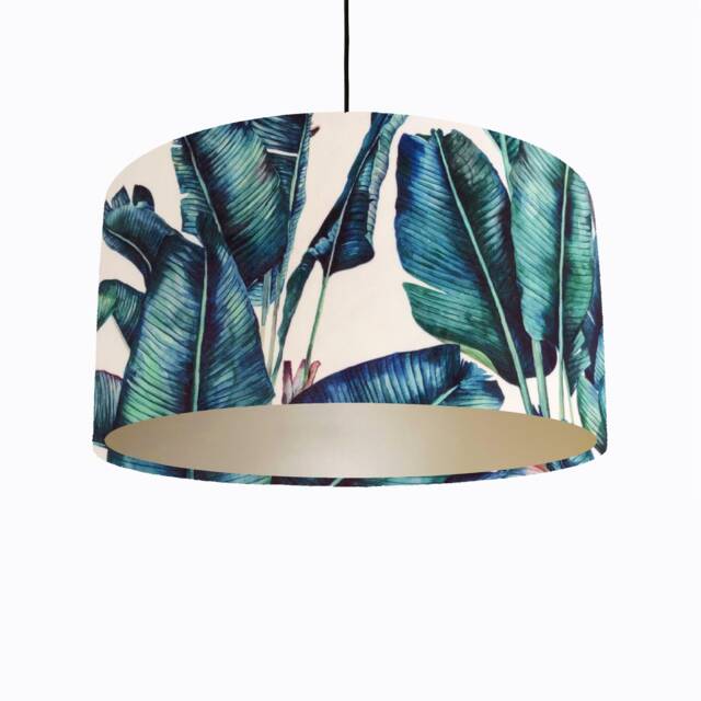 Tropical Leaves Lampshade in White Velvet With Champagne Lining, Botanical Lamp Shade - image 1
